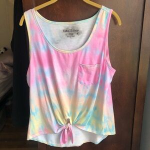 REBELLIOUS ONE Bright Pastel Tie Dye Tie Front Tank - Pink Blue Yellow LARGE